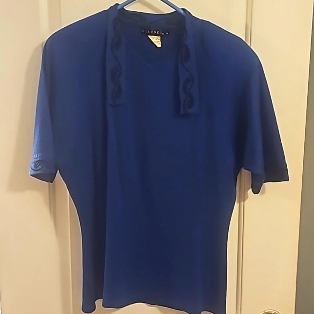 Claude Z Designer Sweater, Sz S, Royal Blue, Design on Button Collar & Quarter S